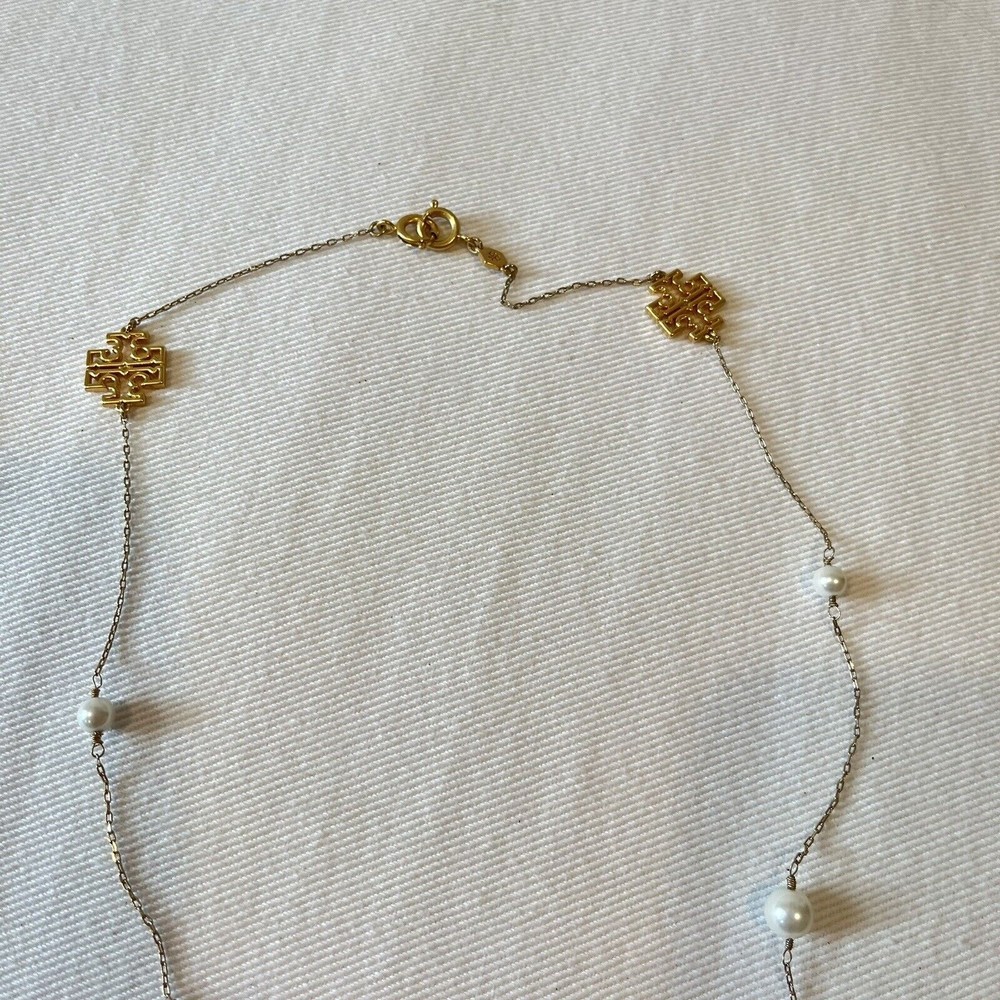 Tory Burch Logo Gold Silver Plated Tone Kira Pearl Necklace